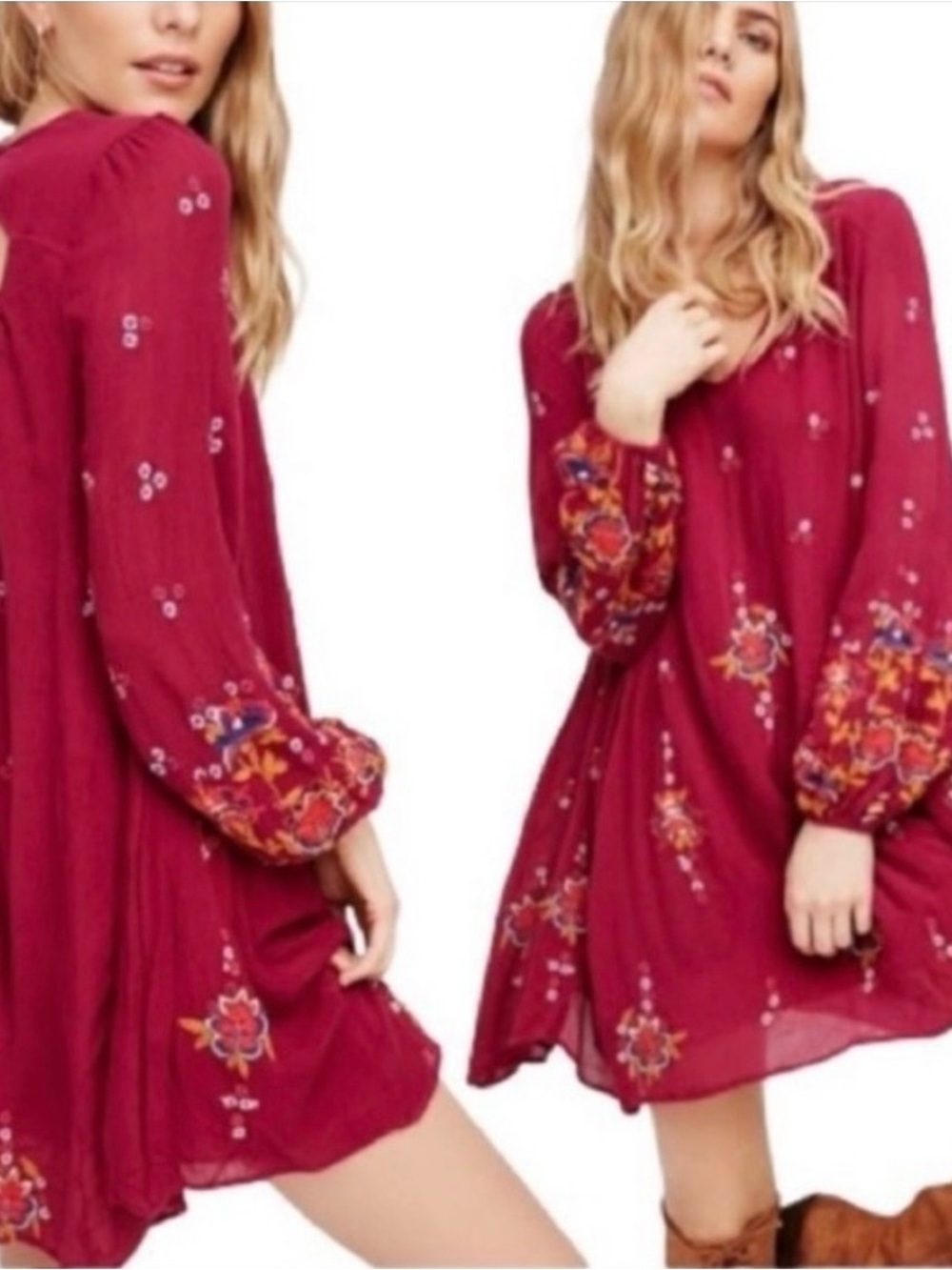 Free people Boho Embroidered Long-Sleeve Shift Dress in Berry
